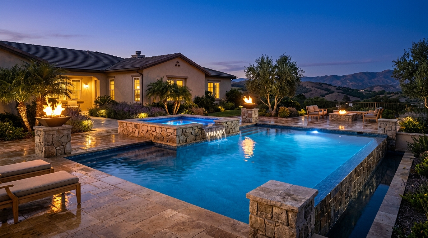 Calabasas Twilight Custom Pool with Illuminated Spillover Spa and Fire Bowls