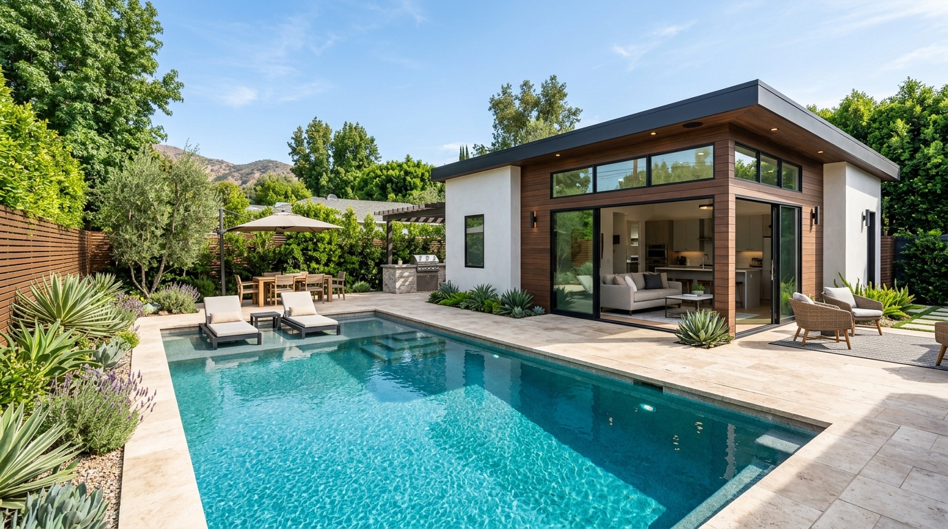 Sherman Oaks Modern Backyard with Pool, Tanning Shelf, and Detached ADU Guest House