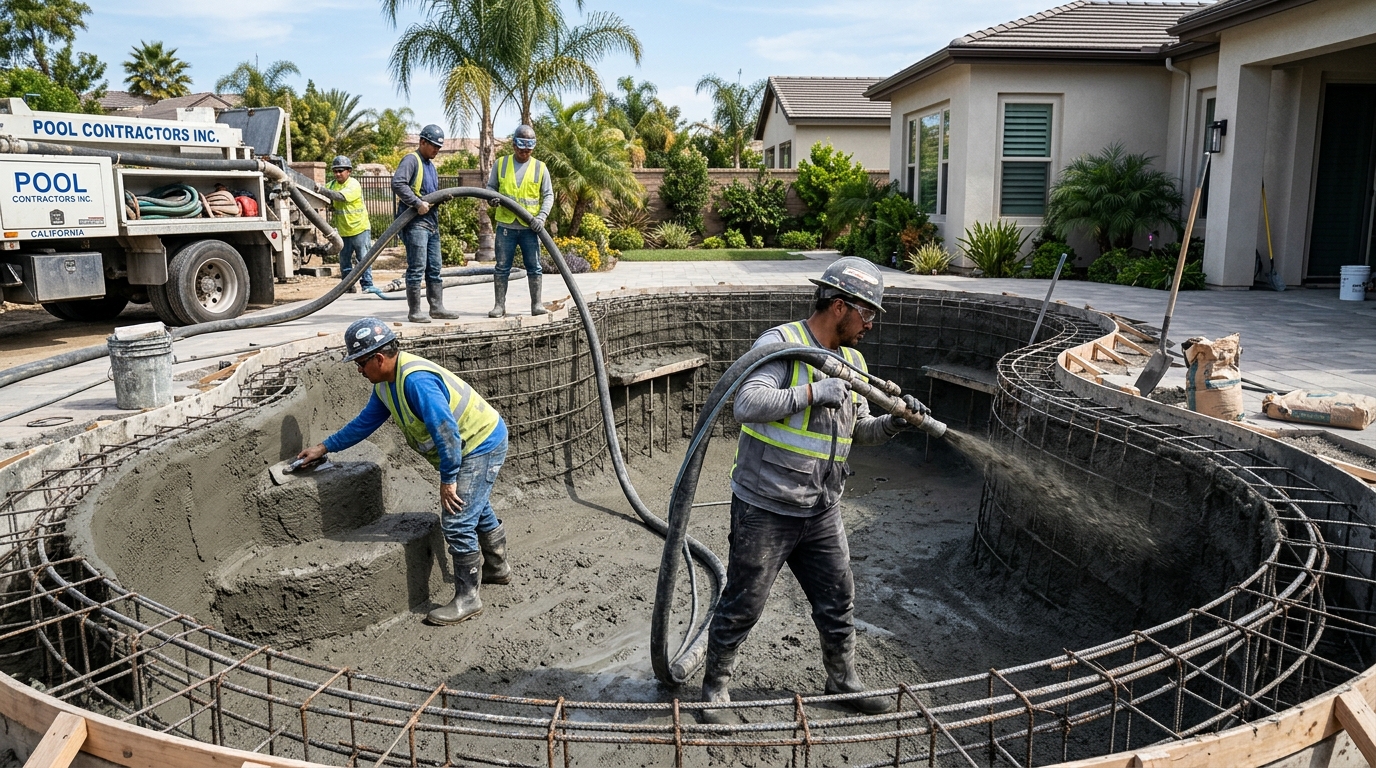 Professional certified nozzleman spraying 4500 PSI pneumatic shotcrete into pool cage with hand troweling crew
